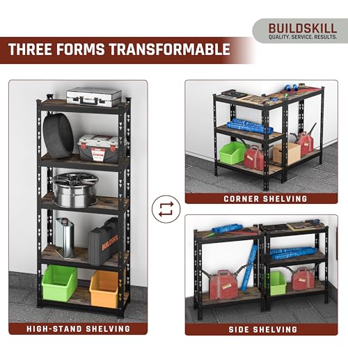 Image of BUILDSKILL 5-Tier Multipurpose Storage Rack | 67x28x12 Inch Bolt-Free Assembly Adjustable Rack | Oil & Water Friendly Dual-Side MDF Plywood Shelves | 175kg Load Per Shelf | Black Powder Coated Metal