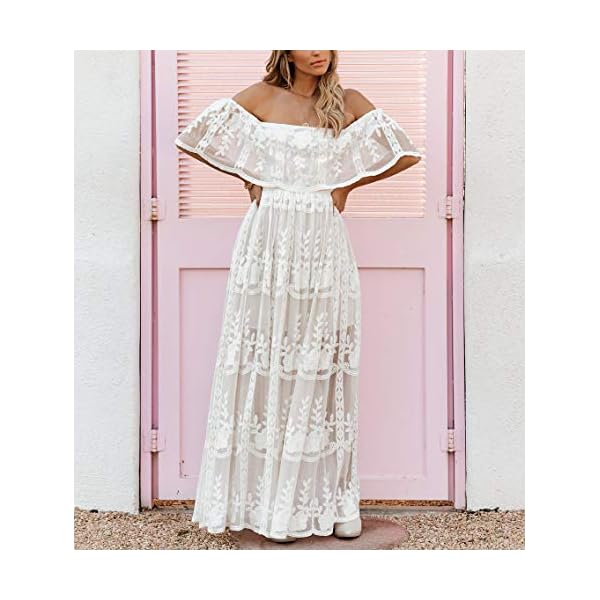 MERMAIDS-CLOSET-Womens-Casual-Off-Shoulder-Maxi-Dress-White-Lace-Sleeve-Beach-Dresses MERMAID'S CLOSET Womens Off Shoulder Embroidered Lace Maxi Dress Boho White Wedding Guest Party Maternity Photoshoot Dresses