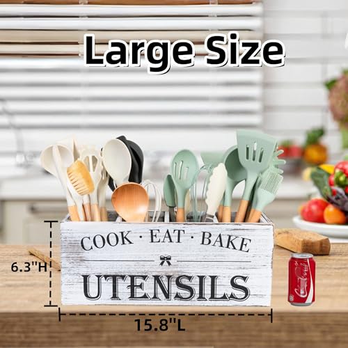Utensil Holder,Extra Large Wooden Utensil Holder For Kitchen Counter,Cooking Spatula Organizer,Big Storage Caddy With 4 Compartments Flatware Spoon Tool Cutlery(Retro White)