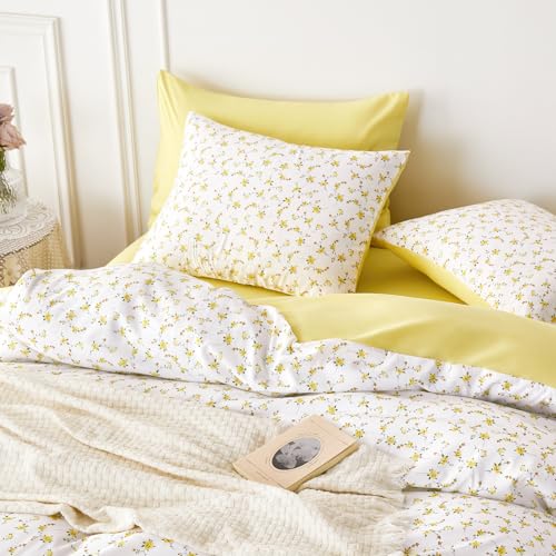 Image of Wake In Cloud - Floral Comforter Set, Coquette Cottagecore Aesthetic Cute Flower Pattern for Women Teen Girls, Soft Lightweight Dorm Bedding, 3 Pieces, Yellow White, Full Size