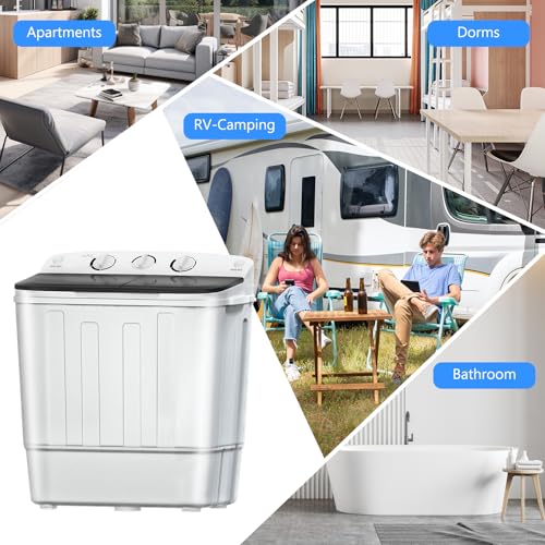Image of DOGHLY Portable Washing Machine, 18lbs Twin Tub (11+7lbs Washer /Spinner) with 10 Hangers and Drying Rack, for Powerful Stain Removal, Semi-Automatic Compact Washer for Dorms, Apartments, RVs(Black)