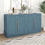 VURAX Sideboard with 4 Doors, 60' Storage Buffet Credenzas Cabinet with Adjustable Shelves and Silver Handles, Accent Console Table for Kitchen Dining Living Room Entryway, 60inch, Antique Blue