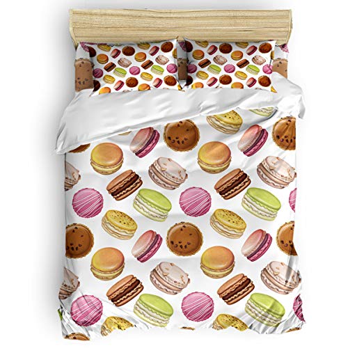 Yogaly Home Bedding Set 4 Pieces Full Size Duvet Cover Set for Adults/Teens/Kids Food Design Hand-Painted Macarons Printed Bed Sheets, Duvet Cover, Flat Sheet, Pillow Covers