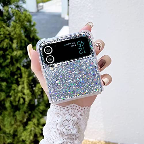 Ceokok For Samsung Galaxy Z Flip 4 Glitter Case Cute Clear With Design Bling Shiny Reflective Silver Sparkle Protective Aesthetic Phone Cover For Women Girls Kawaii Sturdy For Z Flip 4 (Silver Sequin) #TOP5