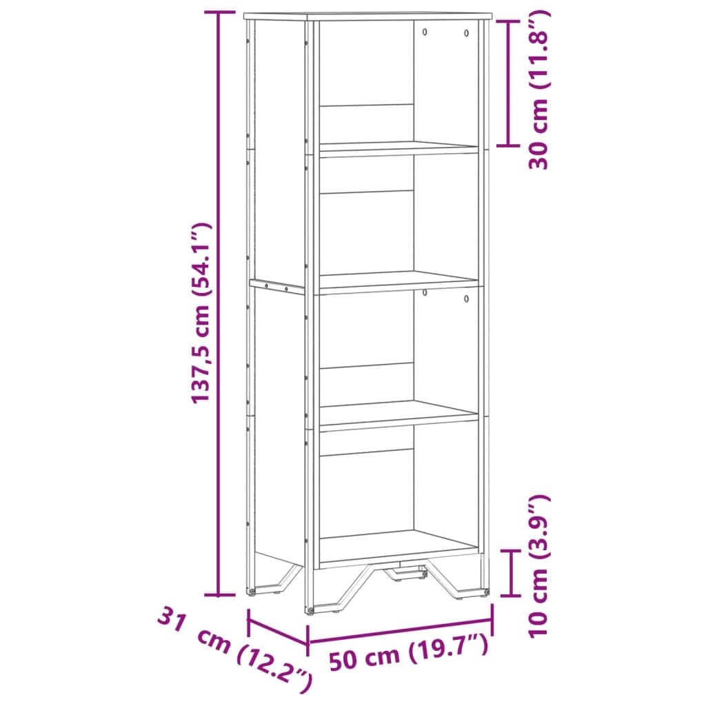 Libreria in rovere Sonoma, 50 x 31 x 137,5 cm, in legno con 4 scomparti aperti, piastra superiore stabile, piedini in metallo, supporto da parete, ideale per soggiorno, ufficio, cameretta dei