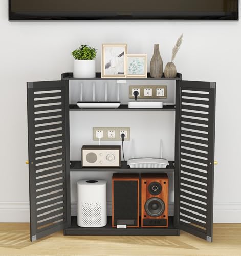 WYJREES WiFi Router Storage Cabinet, Multi-Functional Router Storage Box, Double Deck Floor Standing Modem Cabinet, Bamboo Router and Modem Storage Box for Living Room, Office, Bedroom