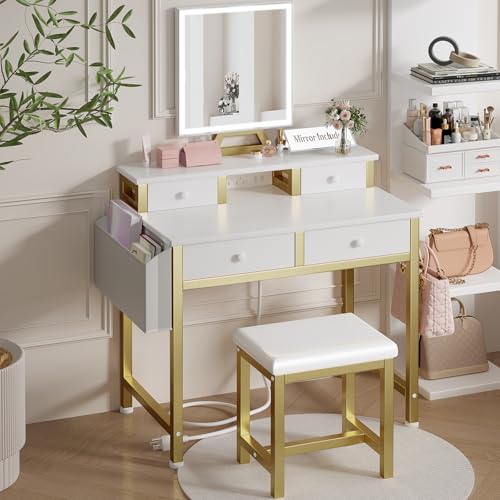 Image of Small Makeup Vanity Desk with Lights, 31 inch Girls Vanity Set with Mirror and Chair, Make Up Dresser Table with Drawers and Power Outlet for Bedroom Small Space, White and Gold