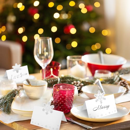 60 Pcs Christmas Place Cards for Table Setting, Christmas Place Cards With 6 Snowflake Patterns, Table Tent Cards Dinner Place Cards for Winter Wedding Party Decoration Size 3.5*2.2 inches (Snowflake) - Thumbnail 6