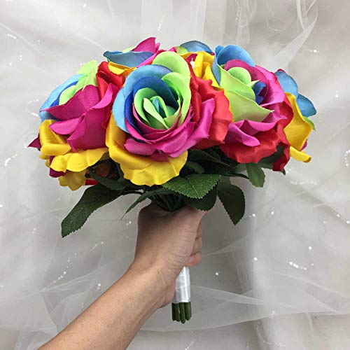 Lily Garden Silk Rainbow Rose Flowers Bouquet Boutuniere (Wedding Bouquet A) #TOP3