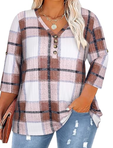 Image of Koscacy Women Plus Size V Neck 3 /4 Roll Sleeve Sweater Casual Knit Tops Solid Color Blouses