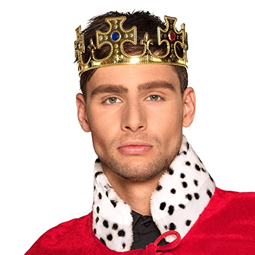Boland 01318 - Krone König, 1 Stück, Einheitsgröße, verstellbar, Gold mit Schmucksteinen, Verschluss, Kunststoff, glänzend, Königin, Prinz, Prinzessin, Märchen, Adel, Accessoire, Kostüm, Karneval