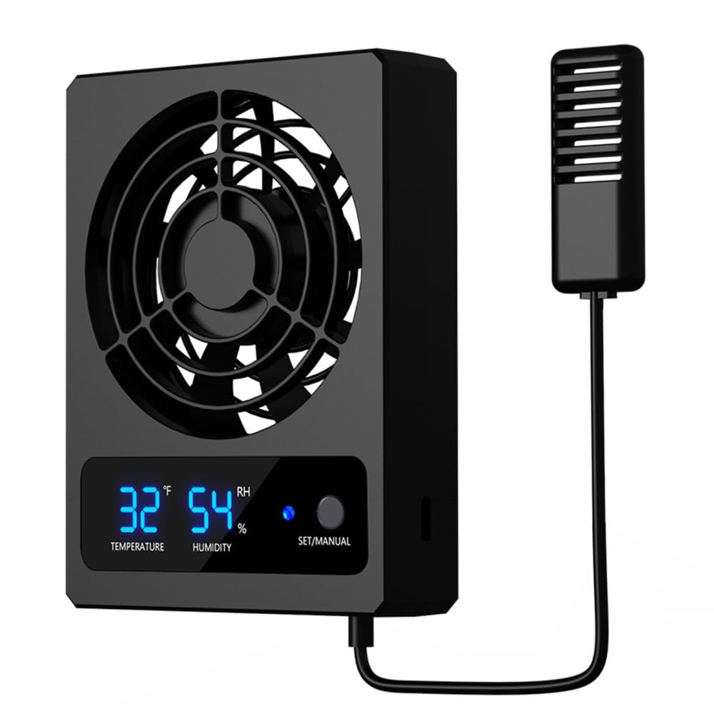 Reptile Ventilation Fan, USB Dehumidifier for Rainforest Terrarium with LCD Digital Display, Increasing Air Circulation for Amphibians, Reptiles