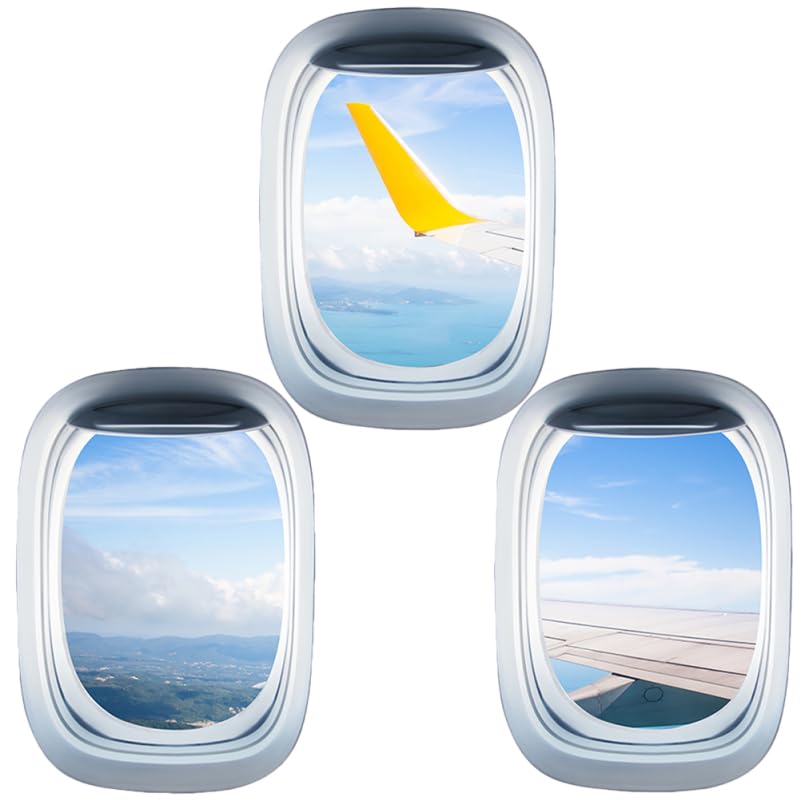 3 Sheets Airplane Window Wall Stickers PVC Removable Window Decals for Home Office Bedroom Living Room Decor Faux Porthole View
