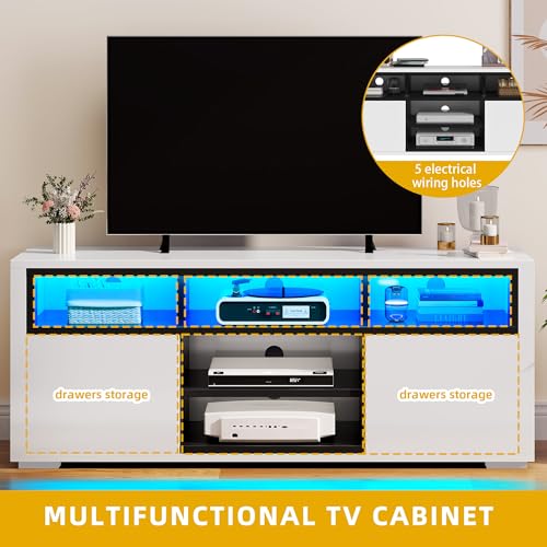 DWVO LED TV Stand for 55 Inch TV, Entertainment Center with 2 Storage Cabinet, 5 Open Shelves, Modern High Glossy Wood TV Console Table for Home, Living Room, Gaming Media Stand, Black & White