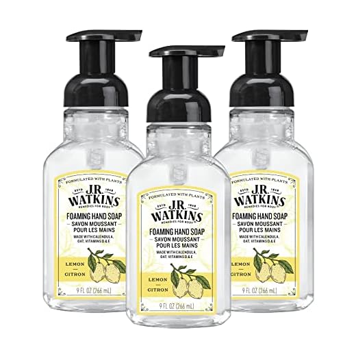 J.R. Watkins Foaming Hand Soap with Pump Dispenser, Moisturizing Foam Hand Wash, All Natural, Alcohol-Free, Cruelty-Free, USA Made, Lemon, 9 fl oz, 3 Pack