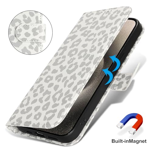 Image of for iPhone 15 Pro Max Case Wallet with Card Holder,for iPhone 15 Pro Max Wallet Case for Women Men,PU Leather Shockproof Magnetic Buckle Stand Flip Phone Case-White Leopard