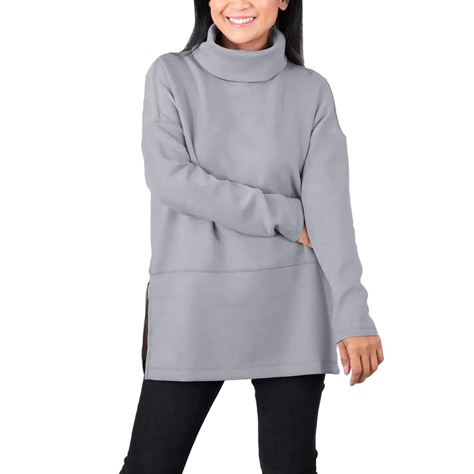 Women's Pure Color Round Neck Long Sleeved Casual Top Plus Size Tube Top Set (a-Grey, XXXXXL)