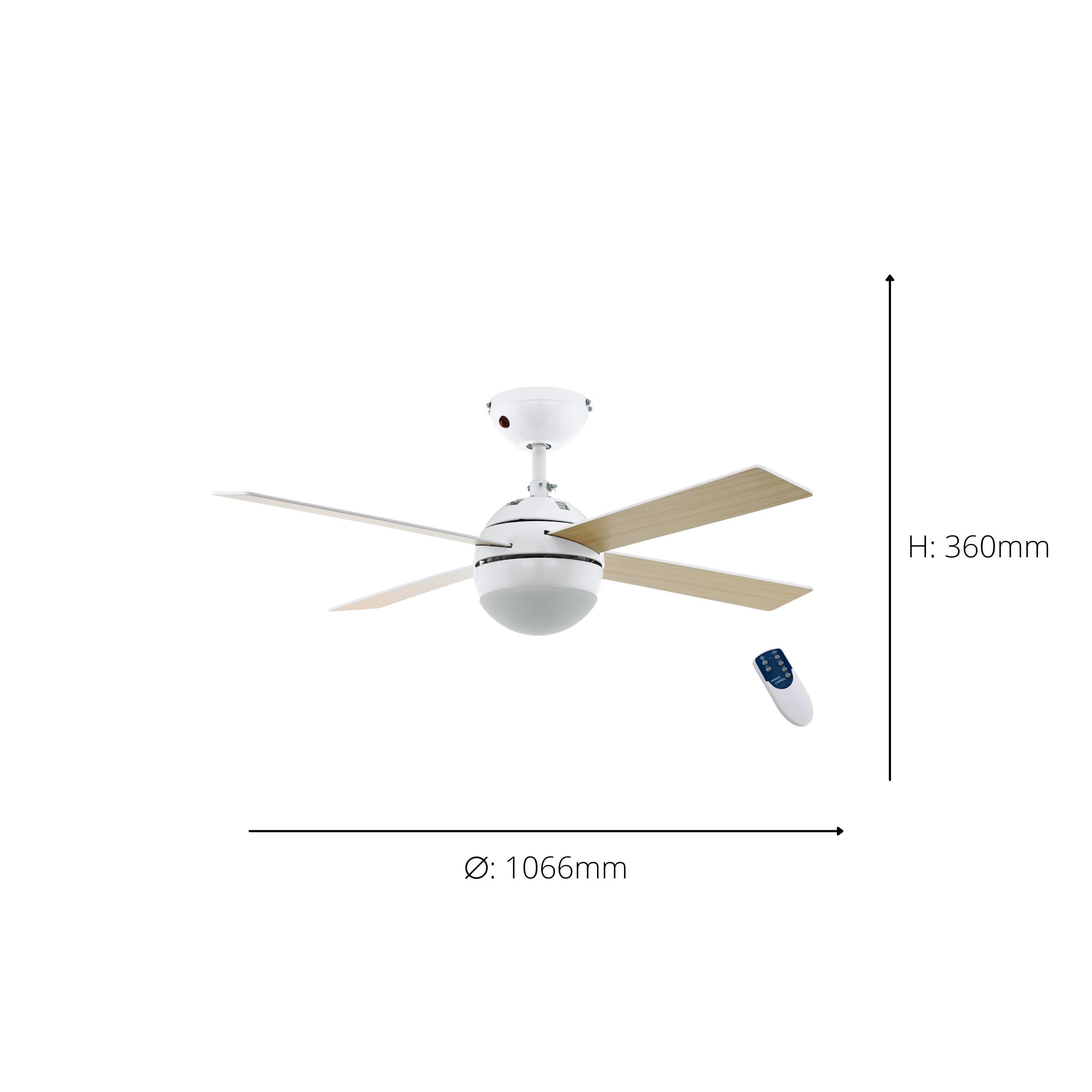 EGLO LED Deckenventilator Losciale, mit Fernbedienung, 4 Flügel Ventilator mit Beleuchtung, Ventilatorlampe Decke mit Sommer Winter Betrieb, Metall in Weiß und Holz, AC Motor, Ø 106,6 cm
