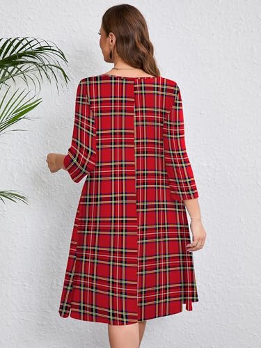 Image of AusLook Women's Plus Midi Dresses Crew Neck A Line 3 /4 Sleeves Casual Elegant Loose Wedding Vacation Dress with Pockets