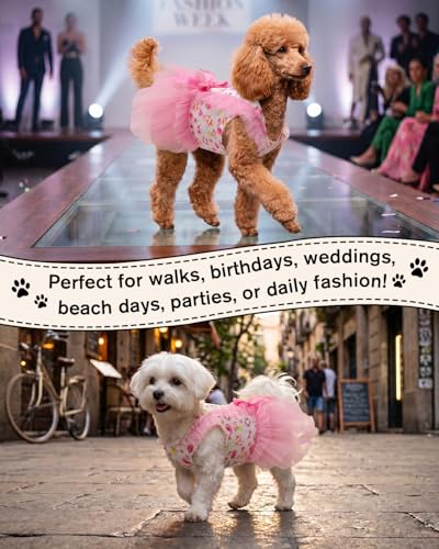 Image of CuteBone Pink Flamingo Pool Party Pet Dress for Small Dogs, Cats - Double-Layer Ruffled Skirt - Satin Bow - Summer Beach, BBQ Dress