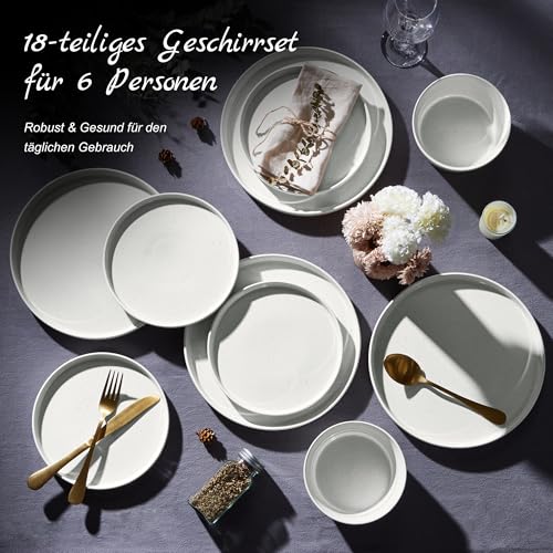 Homikit Geschirr Set, 18-tlg Steinzeug Geschirrset Tafelservice 6 Personen, Essgeschirr mit Dessertteller Müslischüsseln Speiseteller, Klassisch Weiß mit Speckles, Mikrowellen- und Spülmaschinenfest