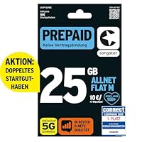 congstar Prepaid ALLNET M SIM-Karte ohne Vertrag I Prepaid-Paket in D-Netz-Qualität I 25 GB + 20€ Startguthaben I Telefonie & SMS Flat in alle dt. Netze I EU-Roaming inkl.