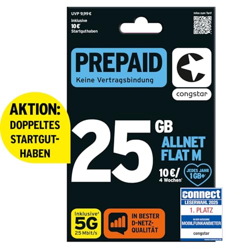 congstar Prepaid ALLNET M SIM-Karte ohne Vertrag I Prepaid-Paket in D-Netz-Qualität I 25 GB +10€ Startguthaben I Telefonie & SMS Flat in alle dt. Netze I EU-Roaming inkl.