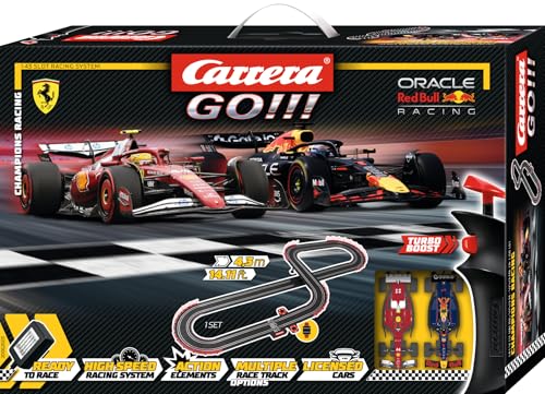 Carrera GO!!! 20062603UK Champions Racing Formula 1 1:43 Scale 4.3 Metres With Oracle Red Bull Racing 21 M. Verstappen No.1 & Ferrari SF-25 L. Hamilton Suitable from 6 Years+ UK Plug Version