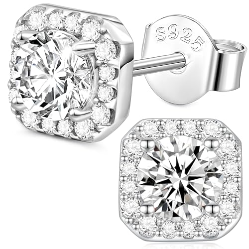 RINEY&KY Moissanite Earrings - Lab Diamond Earrings Studs Women Men, Moissanite Stud Earrings, Moissanite Earring Push Back,18k White Gold Plated, Sterling Silver Halo Round Brilliant, 3-6.5MM,0.2-2.0Carats