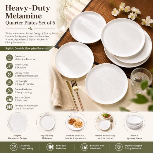 Image of MARKET 99 Heavy-Duty Melamine Quarter Plates Set of 6 | White Hammered Round Design | Glossy Finish Durable Tableware | Ideal for Breakfast, Snacks, Appetizers | Stylish Kitchen & Dining Serveware
