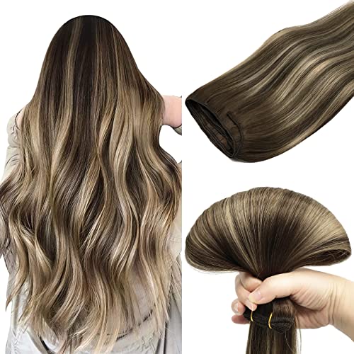 Image of DOORES Human Hair Extensions, Chocolate Brown to Honey Blonde 16 Inch 80g, Sew in Human Hair Extensions Natural Hair Thickness Sew in Weft Hair Straight Weave Weft