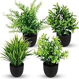 Kievano Juego de 4 Plantas Artificiales Decorativas con Maceta – Planta Artificial Pequeña, Plantas Falsas Realistas de Plástico para Hogar, Baño y Oficina