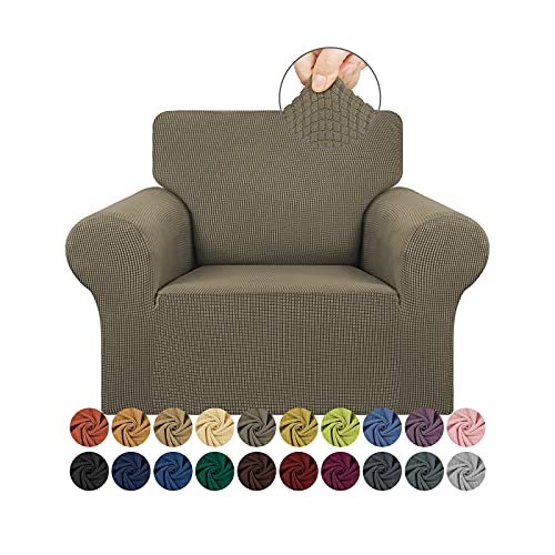 KEKUOU Stretch Single Sofa Slipcover 1 Piece Couch Sofa Cover (31"-55") Furniture Protector 1 Seater Sofa with Elastic Bottom for Kids,Pet.Jacquard Small Checked Pattern Fabric(Small,Khaki)