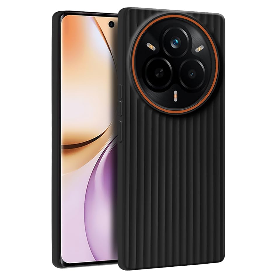 Image of Fashionury Ring Line Beam Design Back Case for Realme 14 Pro Plus 5G | Ring Line Camera Protection | Vertical Beam Bump Protection | Rubberised Back Case for Realme 14 Pro Plus 5G (Black)
