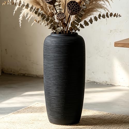 JIDOFUE Jarrón de suelo de cerámica rústica grande, 40 cm, jarrón vintage bohemio para decoración del hogar, jarrón de terracota texturizado para salón, estantería o entrada