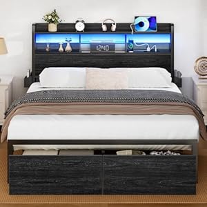 Furnulem Full Size Bed Frame with Wood Headboard, Metal Platform Bed Frame Full Size with Storage Drawers and Shelf, LED Lights and Charging Station, No Box Spring Needed, Noise Free, Black