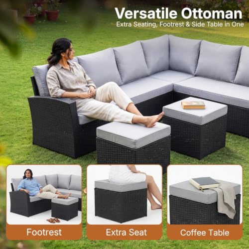 Image of DEVOKO 6 Pcs Outdoor Conversation Set Patio Furniture Set All Weather Wicker Sectional Couch 7 Seater Sofa Dining Table Garden, Poolside, Balcony, Backyard (Black And Grey Color)
