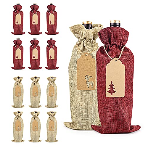 Lot de 12 Pochettes Cadeau en Toile de Jute avec Cordon de Serrage, Sac de Vin en Toile de Jute, Réutilisables Bouteille de vin Sac de vin avec étiquettes et Cordes pour Noël, Mariage, Fête Cover