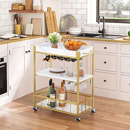 Bar Cart Gold Industrial Bar Carts For The Home, Mobile Bar Serving Cart, Drink Cart, Rolling Beverage Cart, Microwave Cart With Wine Rack And Glass Holder With Wheels And Metal Serving Trolley 34In #TOP3