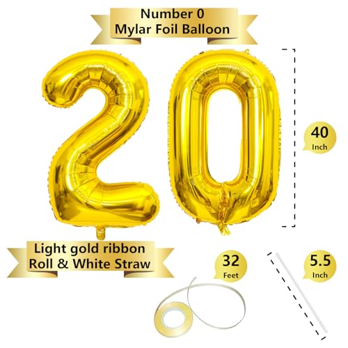Image of Gold Number Balloons Birthday Balloons - Giant Gold Number 20 Balloon 40 inch, Numbers Balloon 10th Birthday Decorations, Gold Party Supplies for Women Men