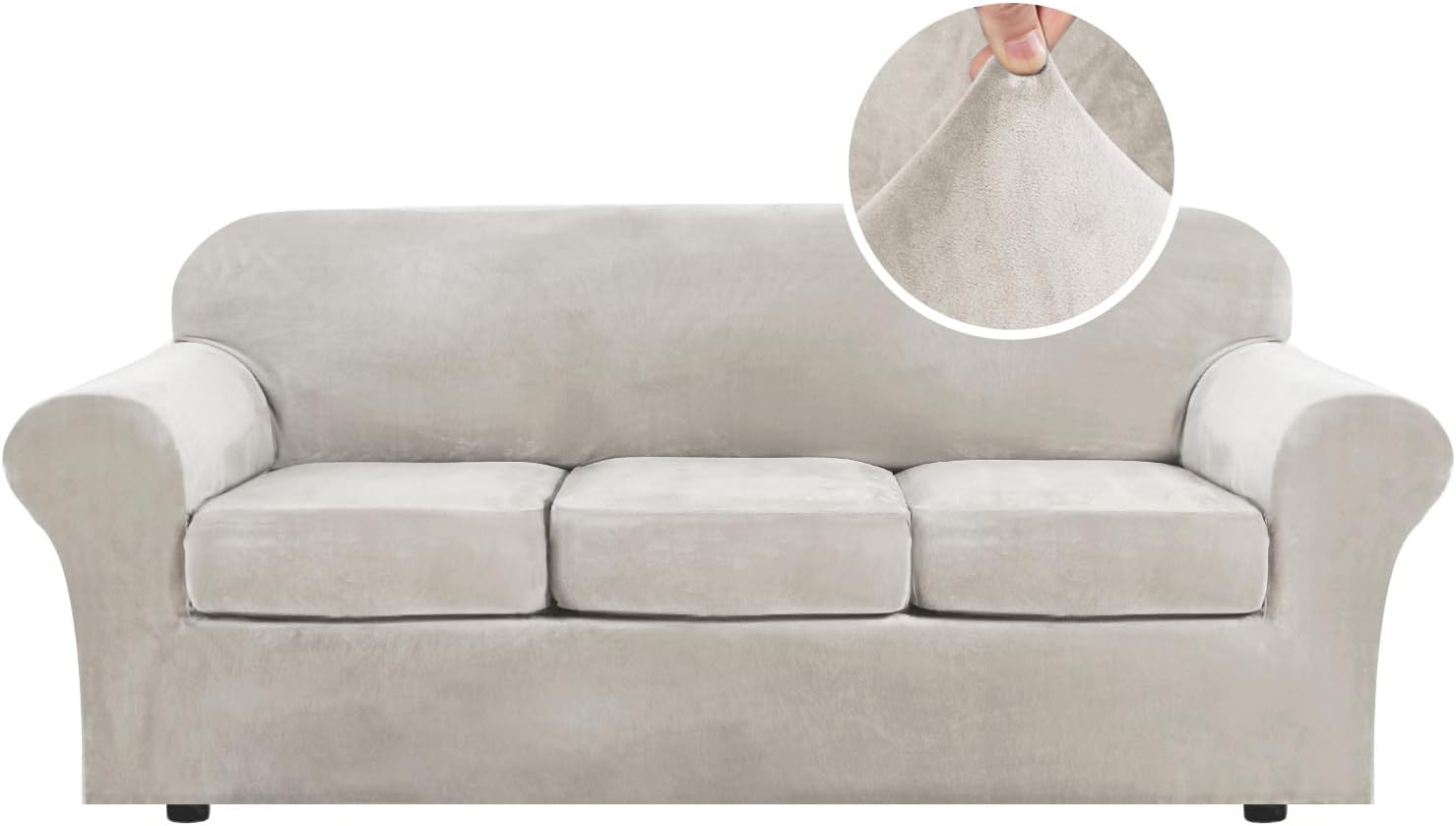 H.VERSAILTEX Modern Velvet Plush 4 Piece High Stretch Sofa Slipcover Sofa Cover Furniture Protector Form Fit Luxury Thick Velvet Sofa Cover for 3 Cushion Couch Width Up to 90 Inch (Sofa, Oatmeal)