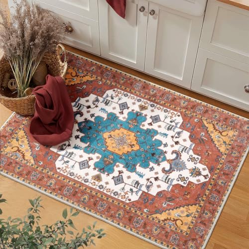 SERISSA Boho Rugs for Entryway, 2x3 Orange Entryway Rug Non-Slip Washable Small Area Rug, Ultra Soft Oriental Vintage Low-Pile Indoor Door Mat Floor Carpet for Entrance Bedroom Kitchen Bathroom