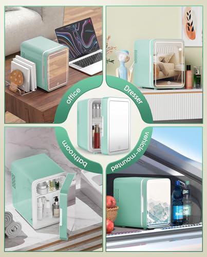 Image of CUTIEWORLD Skincare Fridge with Dimmable LED Light Mirror, 4L Mini Fridge For Desktop, Travel or Cool & Heat, Makeup Fridge for Cosmetics, Skin Care and Food, Green
