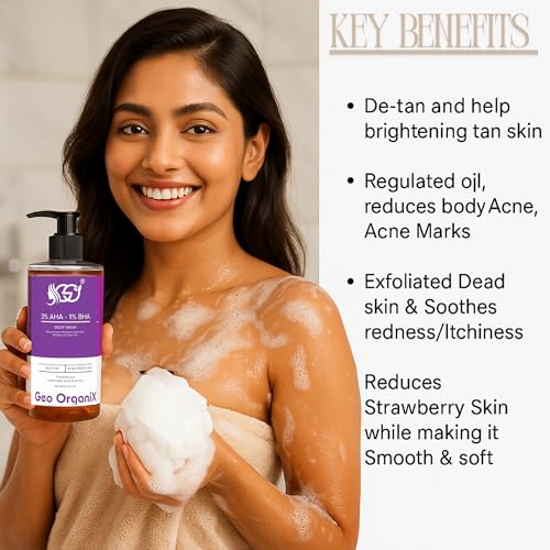 Image of AHA BHA Body Wash with 3% Lactic Acid, 1% Salicylic Acid & 1% Glycolic Acid | Exfoliating Body Cleanser for Dead Skin Removal, Acne & Body Bumps Care | Skin Brightening & Tan Removal | Paraben-Free, Non-Drying Formula | 300 ml, Pack of 2