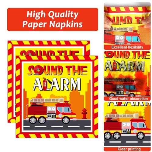 Image of 100 Pcs Firetruck Birthday Party Decorations Fireman Plates and Napkins for Firefighter Party Supplies Fire Truck Birthday Theme Disposable Dinnerware Set for Kids Fireman Party Favors Serve 25