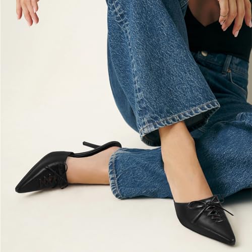 Image of Dsevht Black Kitten Heels for Women Pointed Closed Toe Dressy Bow Heel Vintage Heeled Mules Sexy Pointy Studded Slip on Stiletto Pump Shoes