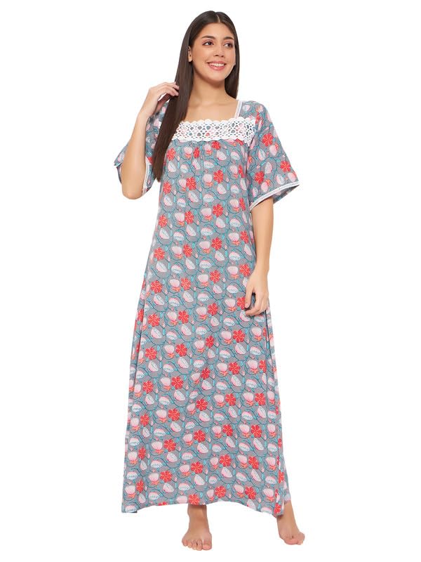 Image of Clovia Women's Rayon Printed Long Night Dress in Grey Colour