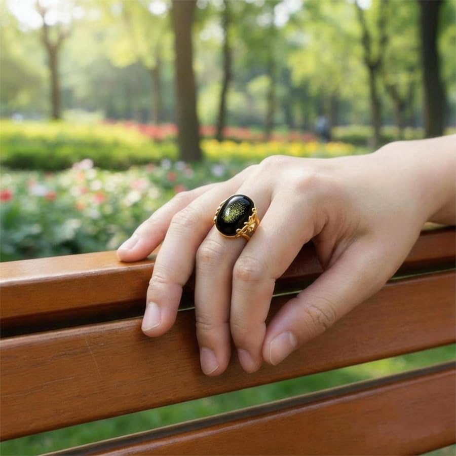 Black Obsidian Ring for Women, 14K Gold Plated Natural Crystal Stone, Genuine Gemstone - Image 2