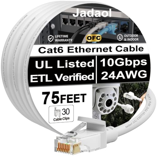 Jadaol [UL Listed] Cat6 Ethernet Cable 75 ft with Clips 10Gbps PoE++, White
