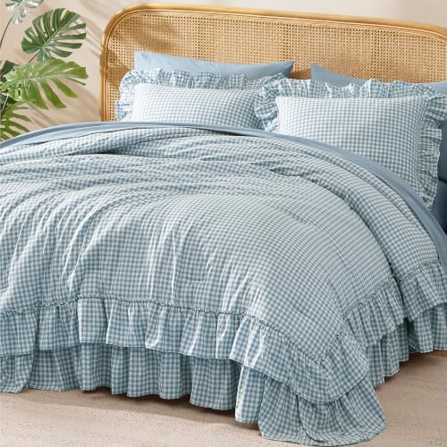 Image of Full Size Comforter Set Blue Gingham Ruffle 7 Pieces Farmhouse Bed in a Bag | Shabby Chic Fluffy Bedding Sets with Sheets, Pillowcases & Shams